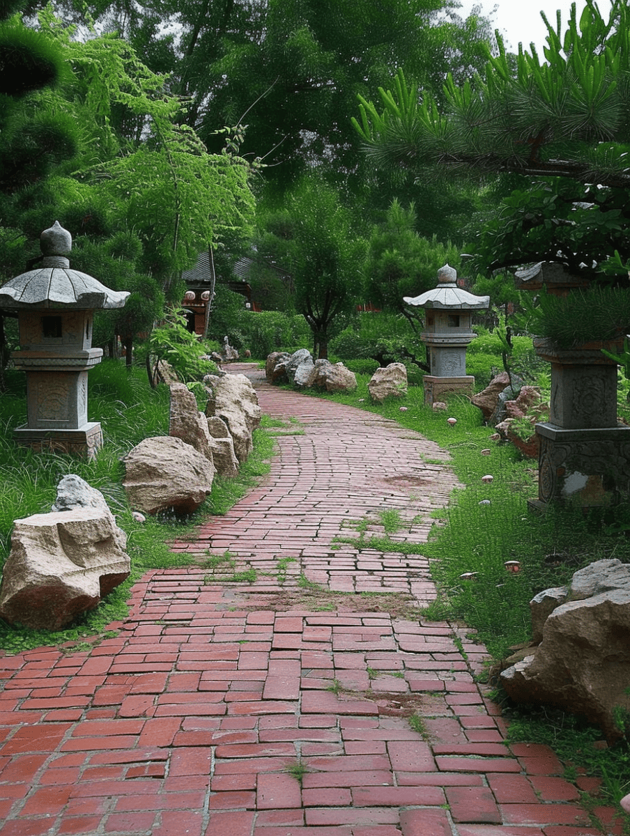 Lined with traditional stone lanterns and unique rock formations, evoking a Zen garden's tranquility. --ar 3:4
