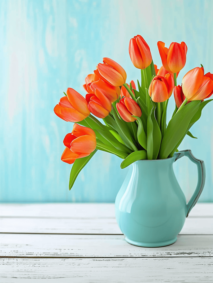 Bright orange tulips with hints of yellow at the petal edges are arranged in a teal pitcher vase on a white wooden surface, set against a blue textured backdrop ar 3:4