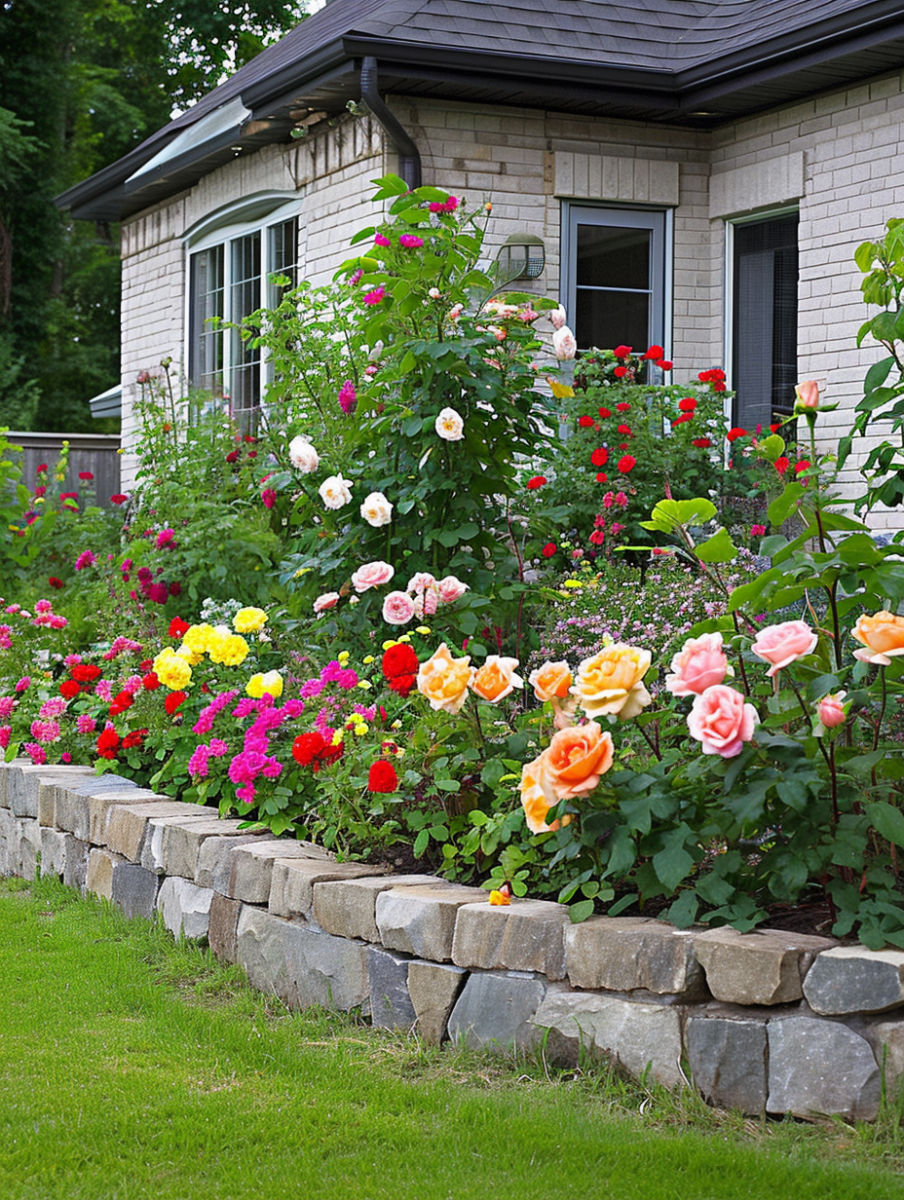 Bright roses in a spectrum of colors thrive in a raised flower bed edged with natural stone pavers, adding vibrant charm to the suburban home's landscape ar 3:4