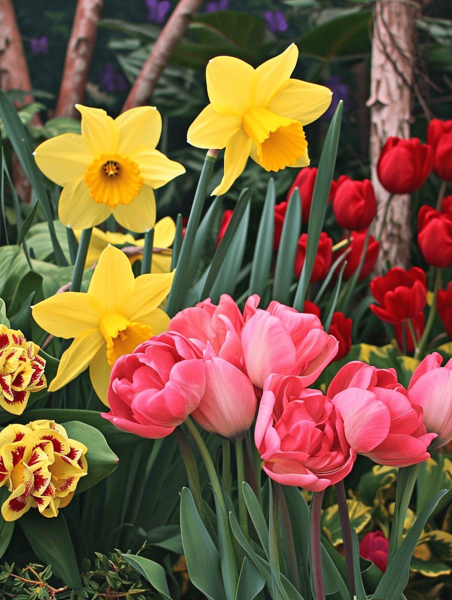 Bright yellow daffodils and wide-blooming pink tulips contrast with deep red tulips and patterned yellow-and-brown flowers, creating a lush, textured display ar 3:4