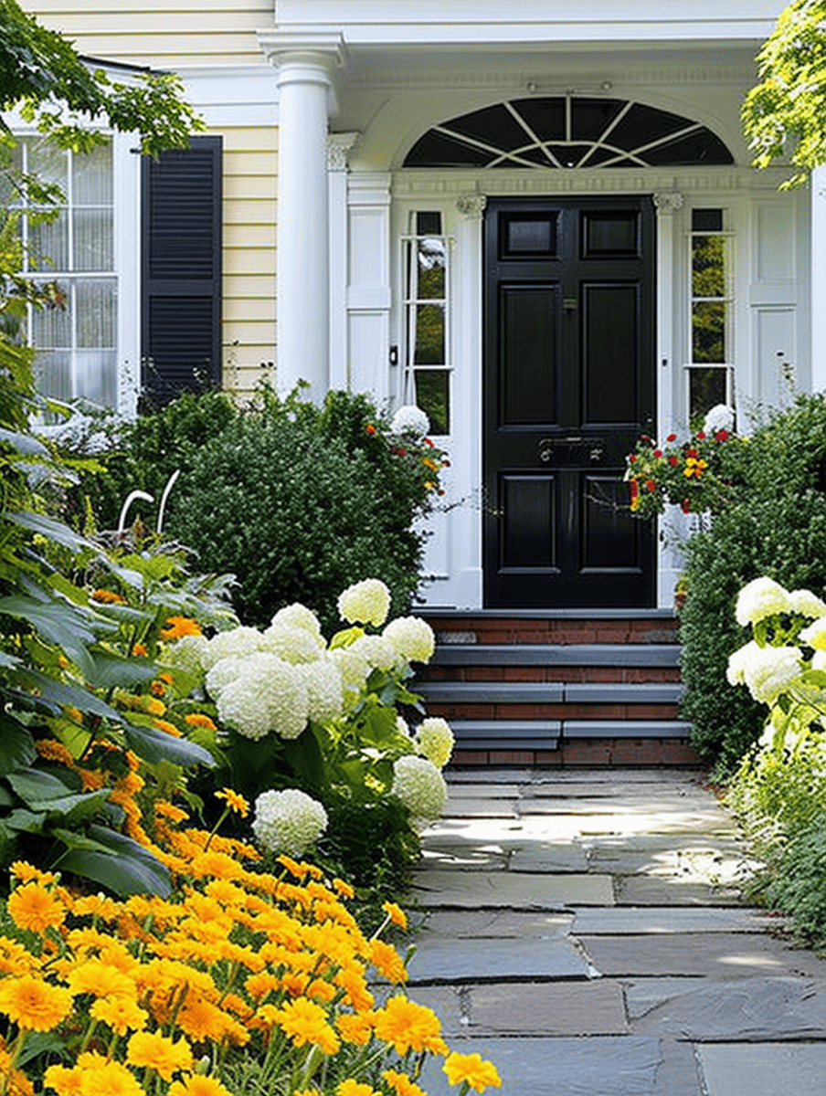 Bright yellow marigolds edge a stone walkway leading to a stately home with a black door, flanked by classic white columns and lush greenery ar 3:4