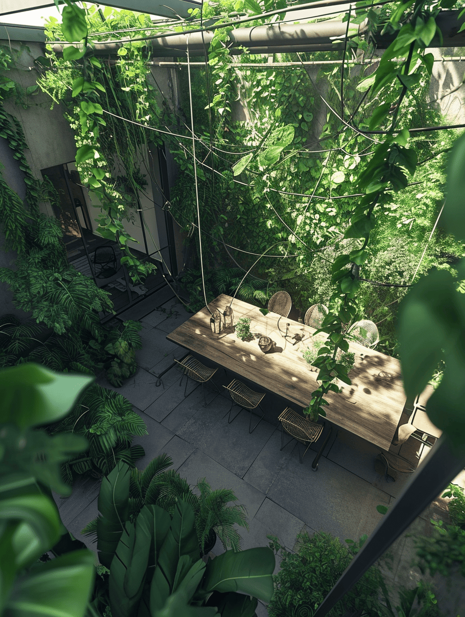 captures a lush, secluded rooftop garden with greenery climbing along wires above and around the walls, centering on a dining table that offers an immersive natural experience