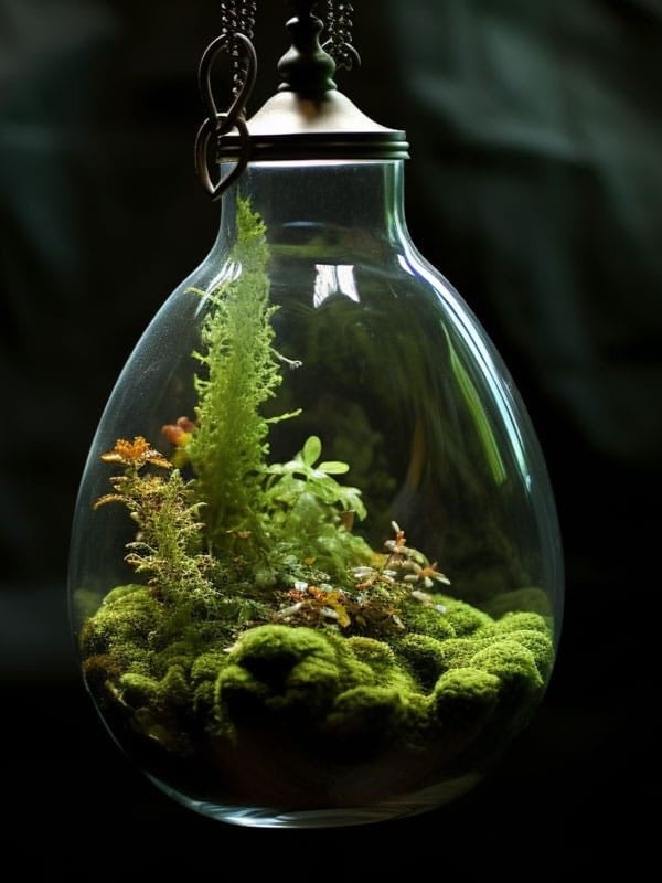 A teardrop-shaped glass terrarium displays a lush arrangement of moss and small ferns, hanging by a metal chain against a dark backdrop ar 3:4