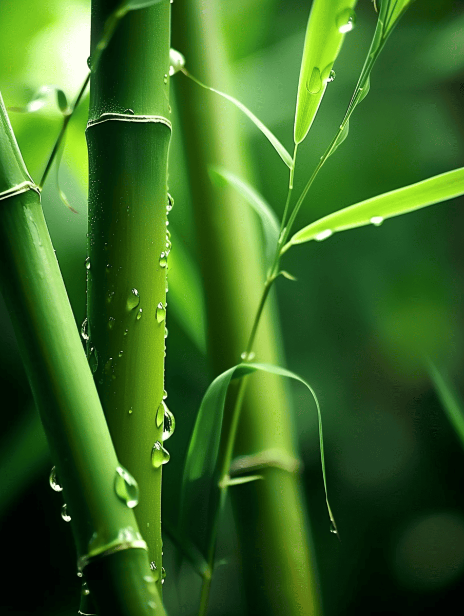 Close-up of green bamboo stalks with water droplets clinging to their smooth surface, highlighting the plant's natural elegance and freshness ar 3:4