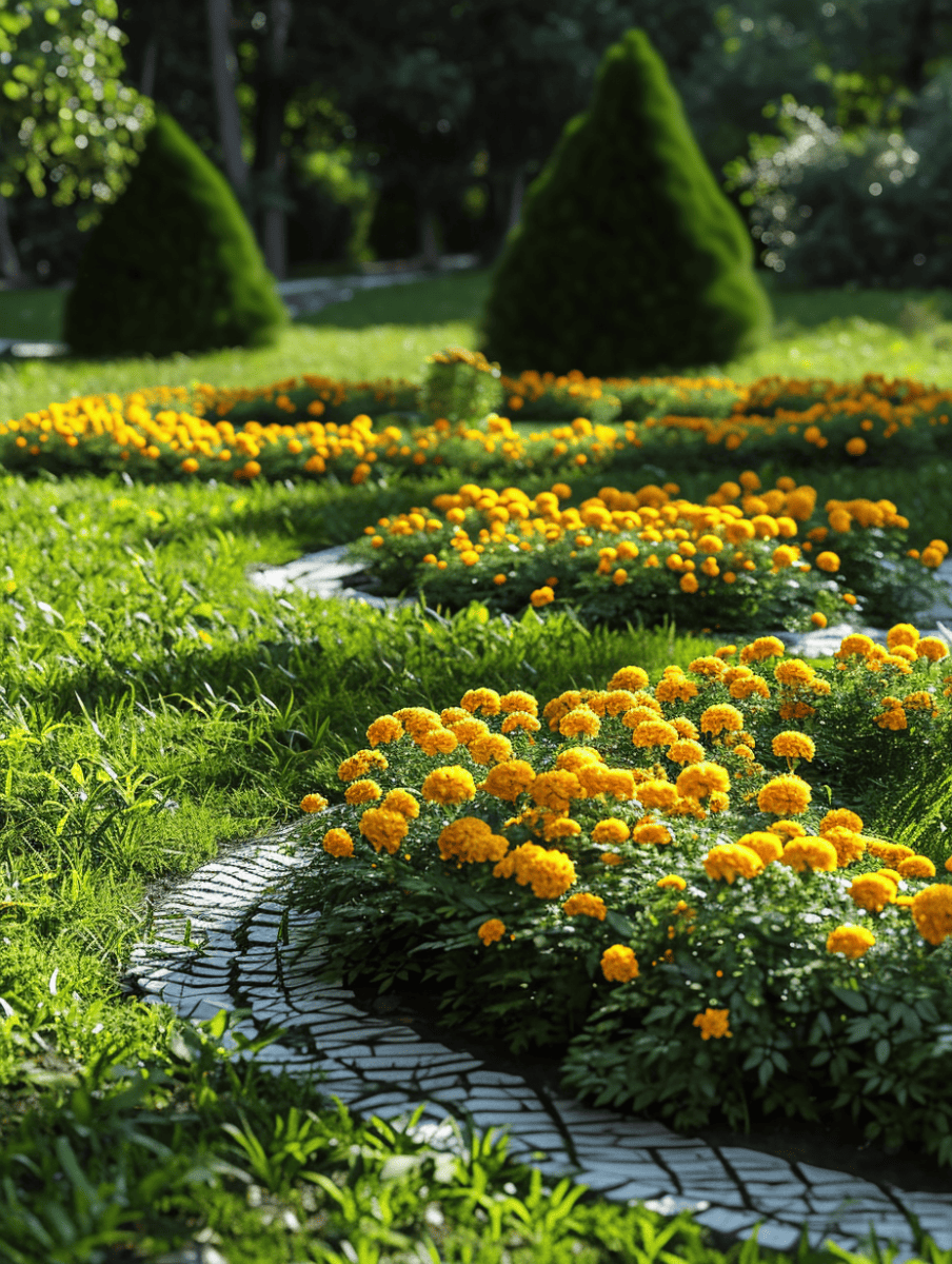 Clusters of bright yellow marigolds form creative circular flowerbeds along a winding stone pathway, set against a backdrop of meticulously trimmed conical shrubs in a lush park setting ar 3:4