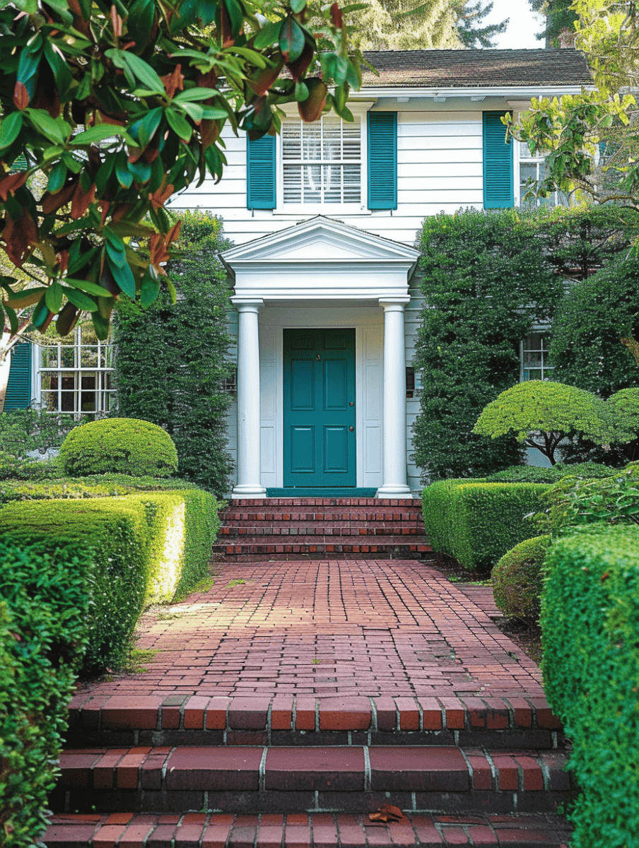 Colonial house front garden with a red brick path leading to a teal door, framed by boxwoods. --ar 3:4