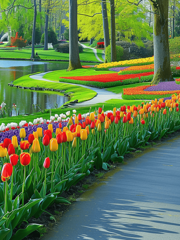 Color-blocked tulips in shades of yellow, red, and orange line a winding path in a serene park, with lush green trees and a tranquil pond in the background ar 3:4