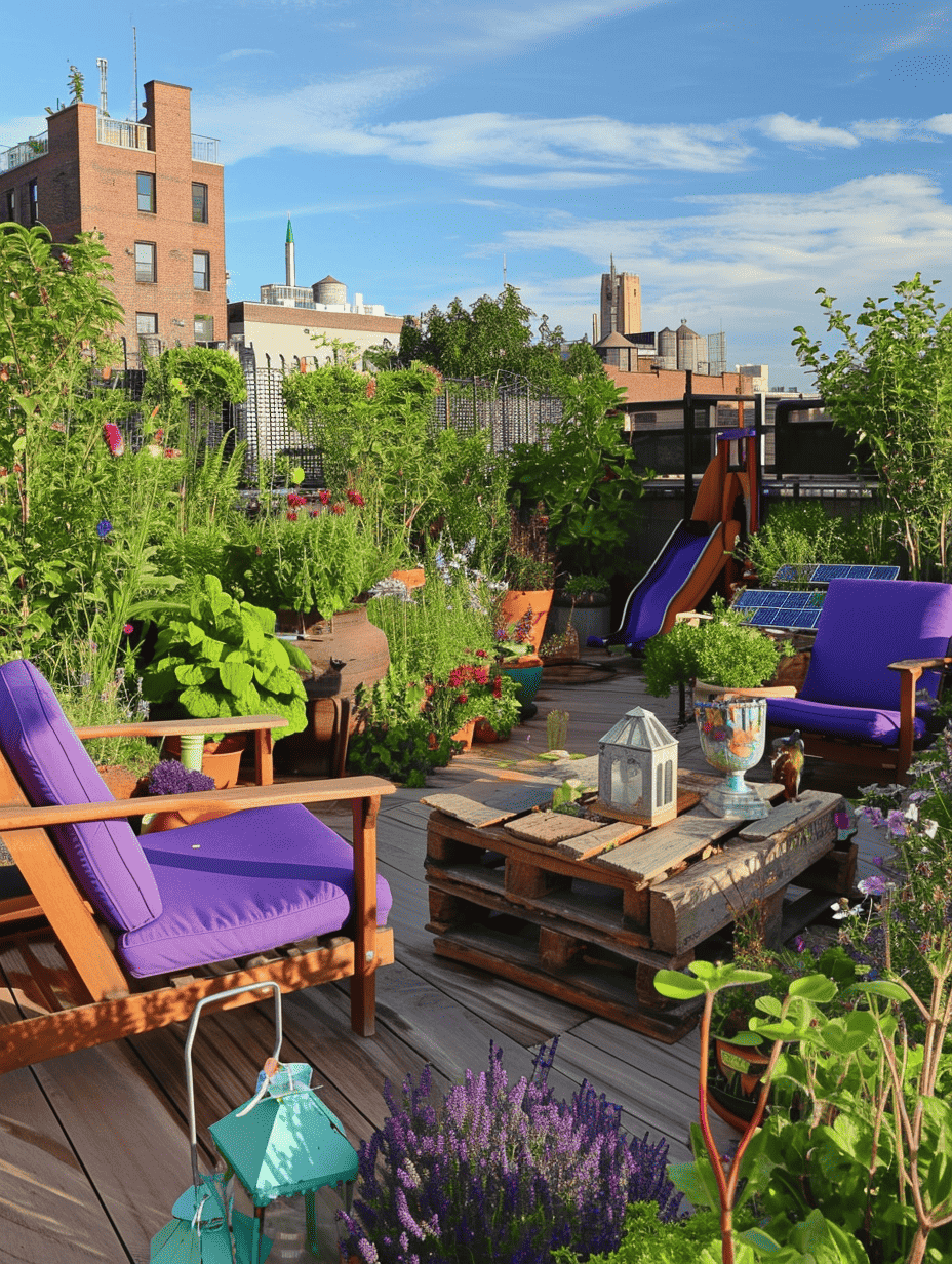 a cozy, homey rooftop garden adorned with a variety of plants in pots and containers, including lush green shrubs and taller flowering plants