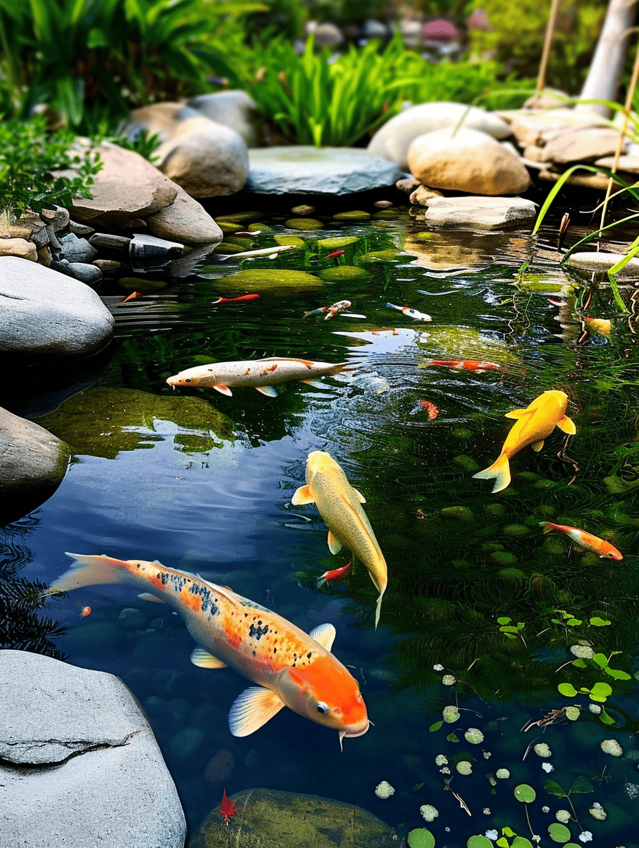 Colorful koi fish swim gracefully in the clear waters of a tranquil pond, surrounded by smooth stones and lush greenery, in a serene Zen garden setting ar 3:4