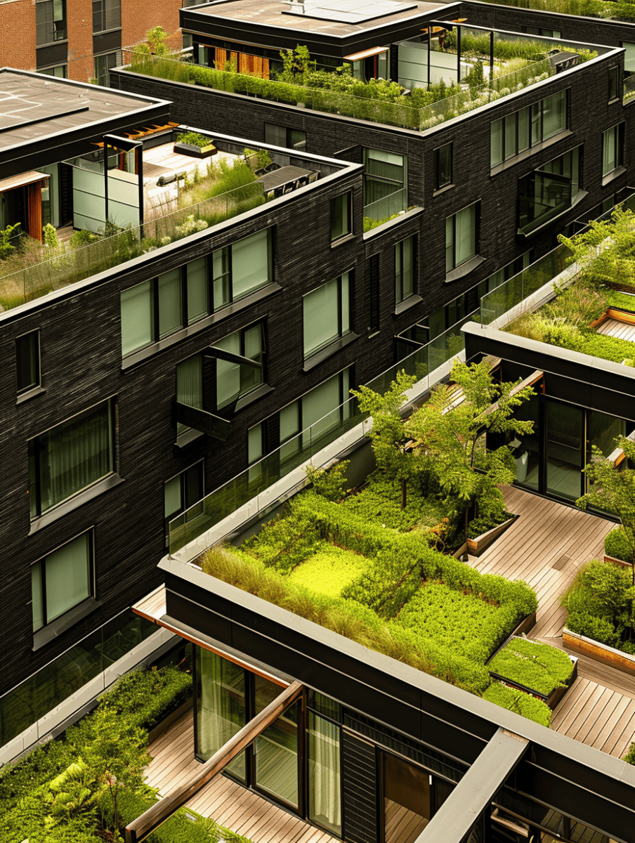 an urban residential complex with modern, dark-bricked buildings featuring a mix of flat and A-frame glass roofs, complemented by green rooftop gardens and a wooden deck terrace
