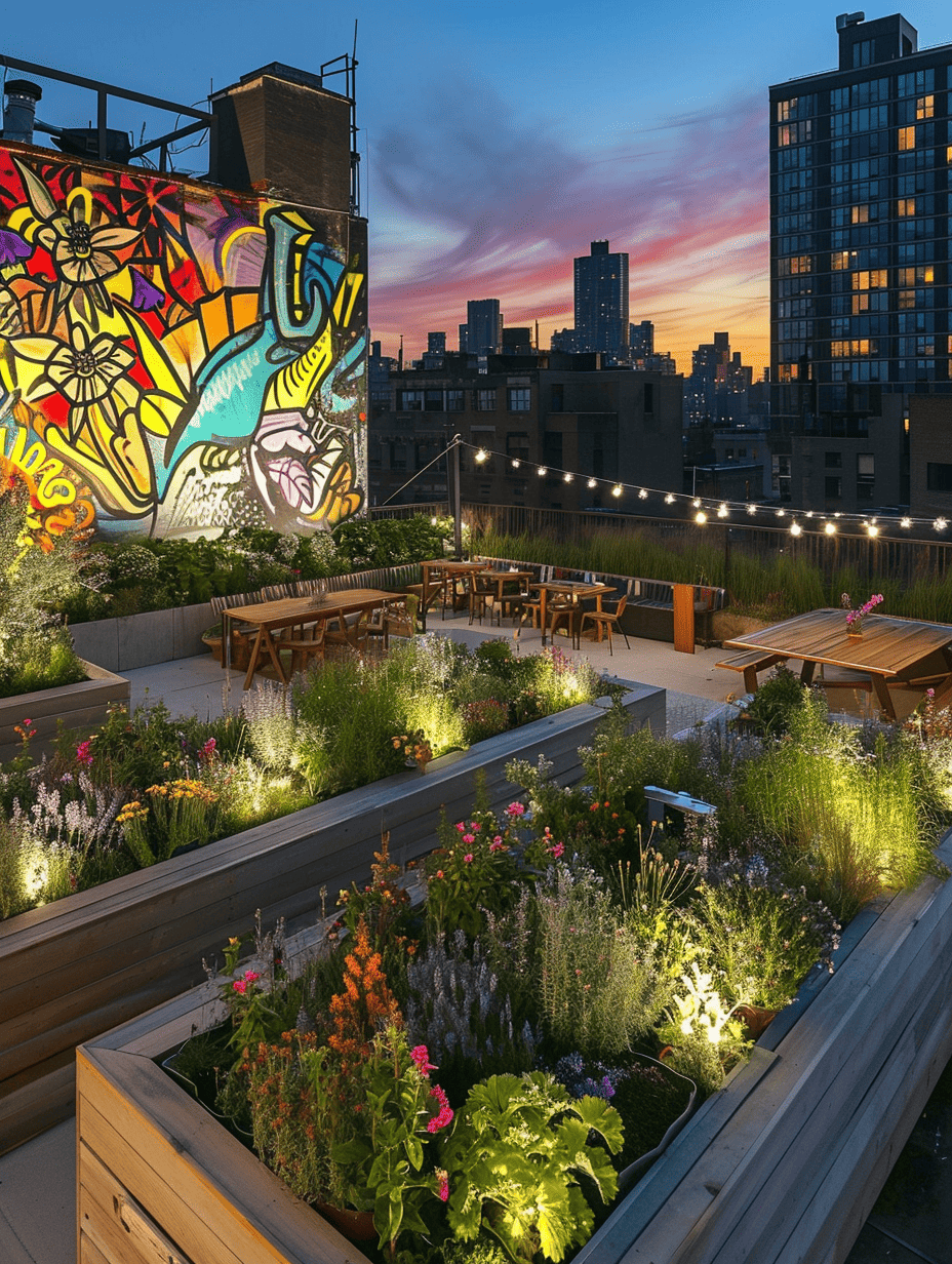 rooftop garden with raised flower beds housing a variety of plants, a dining area, and lights for nighttime illumination, set against a mural backdrop