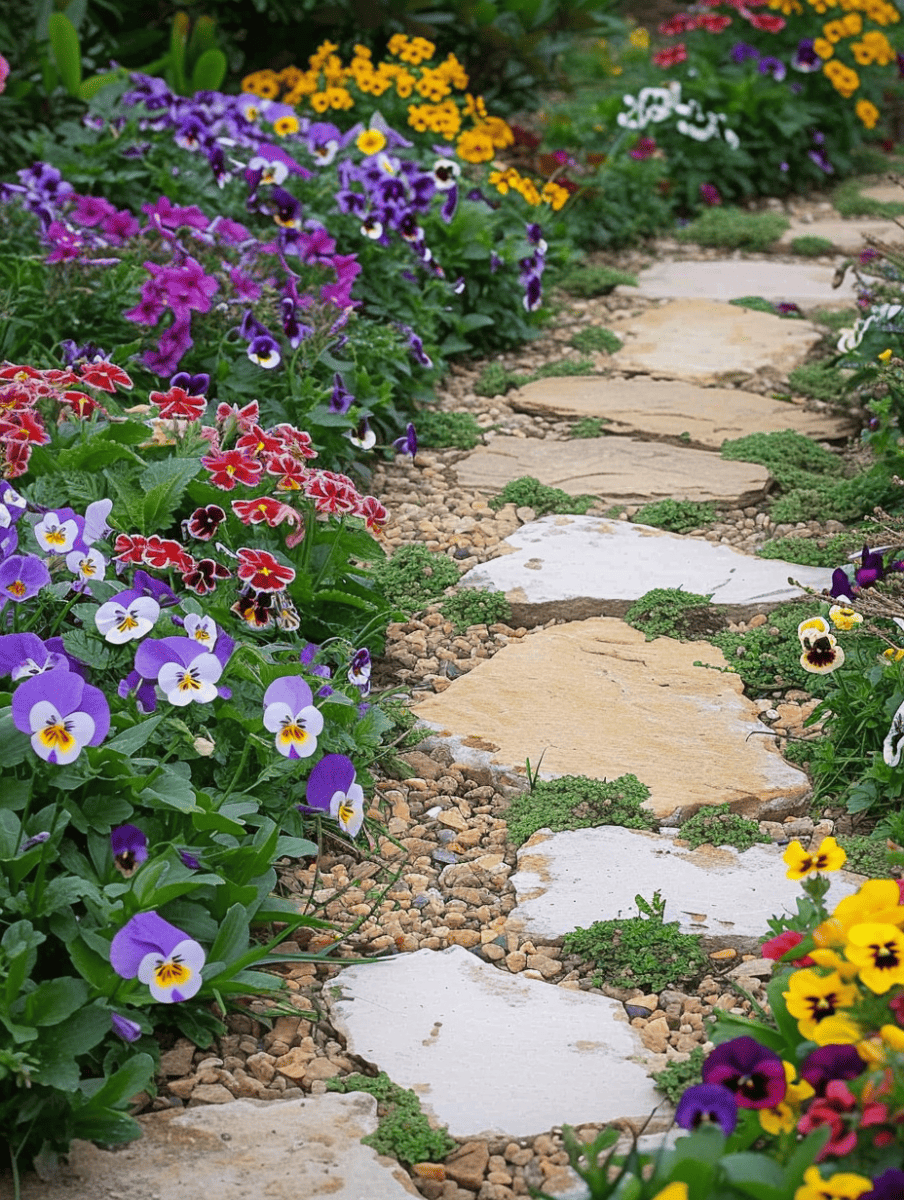 Cottage garden path with irregular flagstones and multicolored pansies in full bloom. --ar 3:4