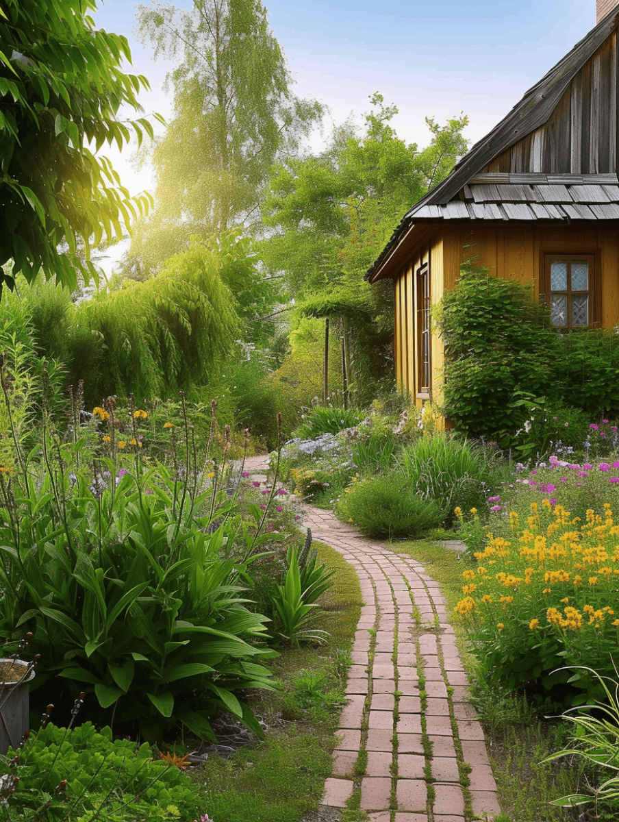 Cottage garden path with worn brick pavers and bordering perennial beds, leading to a cozy wooden home. --ar 3:4