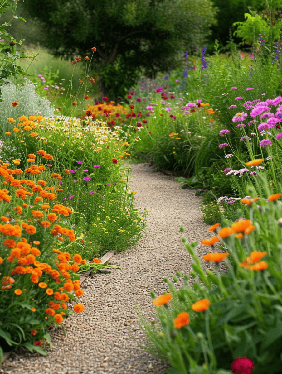 A quaint gravel path winds through a riot of wildflowers, with bright orange calendulas and pink yarrows creating a painterly effect. --ar 3:4