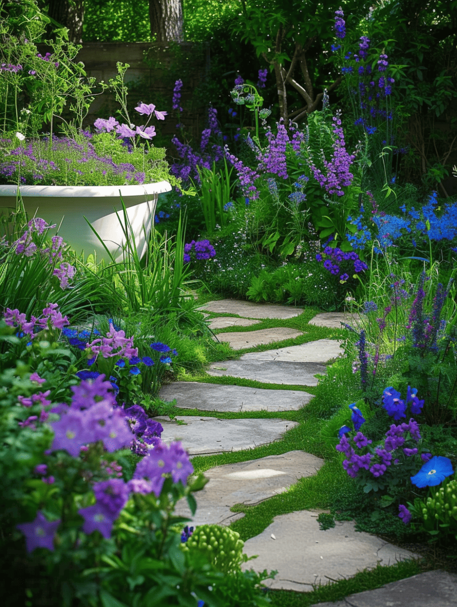 Cottage garden with a wide flagstone curved pathway, surrounded by vibrant purple and blue flowers, lush greenery, and a classic white bathtub planter. --ar 3:4