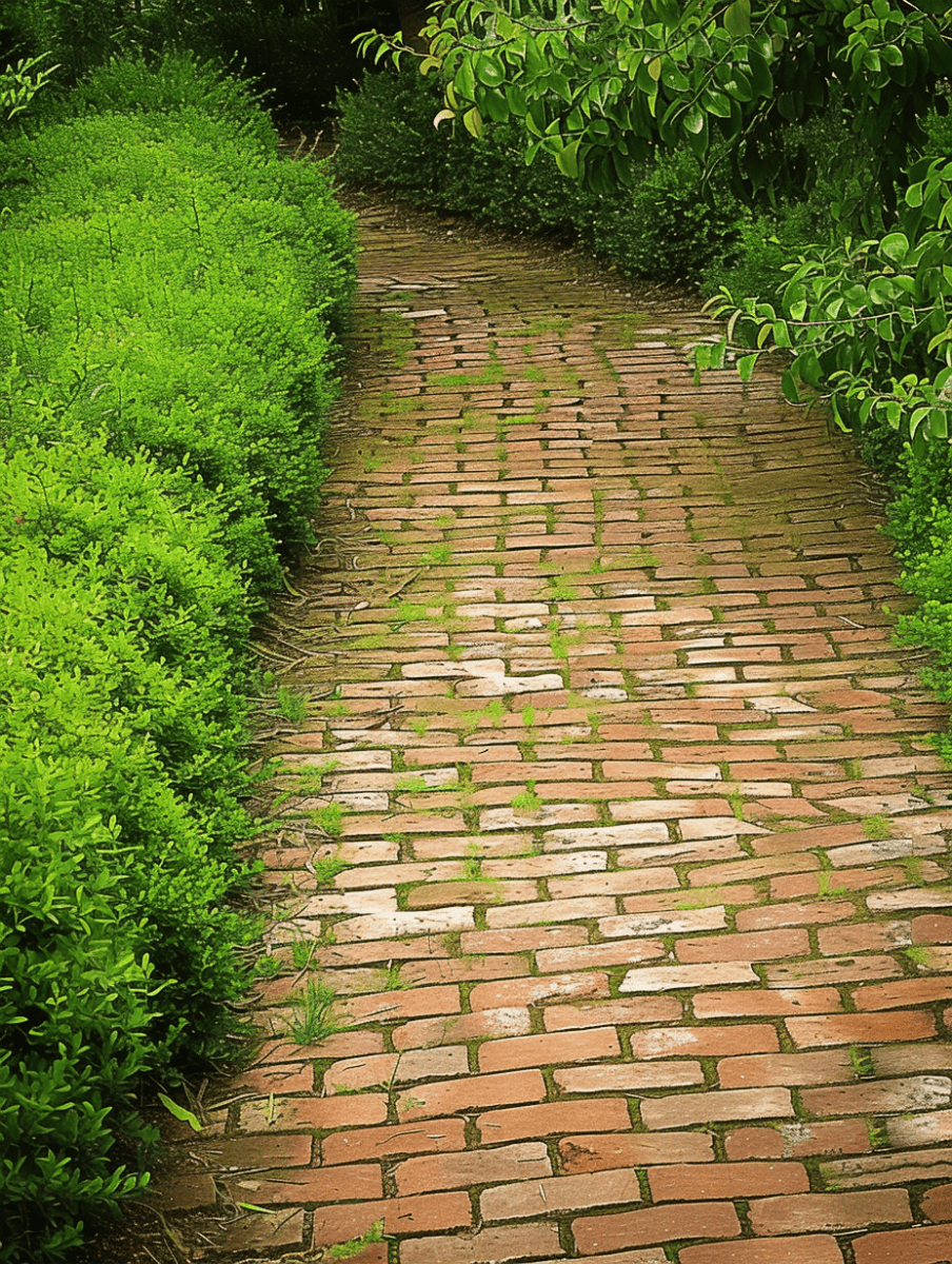 Crosshatched brickwork with a border of lush green shrubs. --ar 3:4