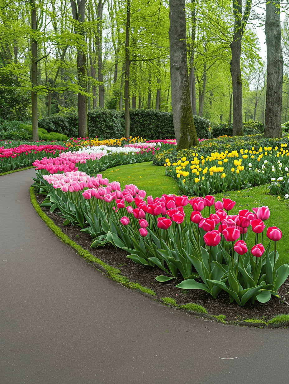 Curved rows of pink and yellow tulips follow the serpentine path of a garden, complemented by the verdant canopy of tall trees above ar 3:4
