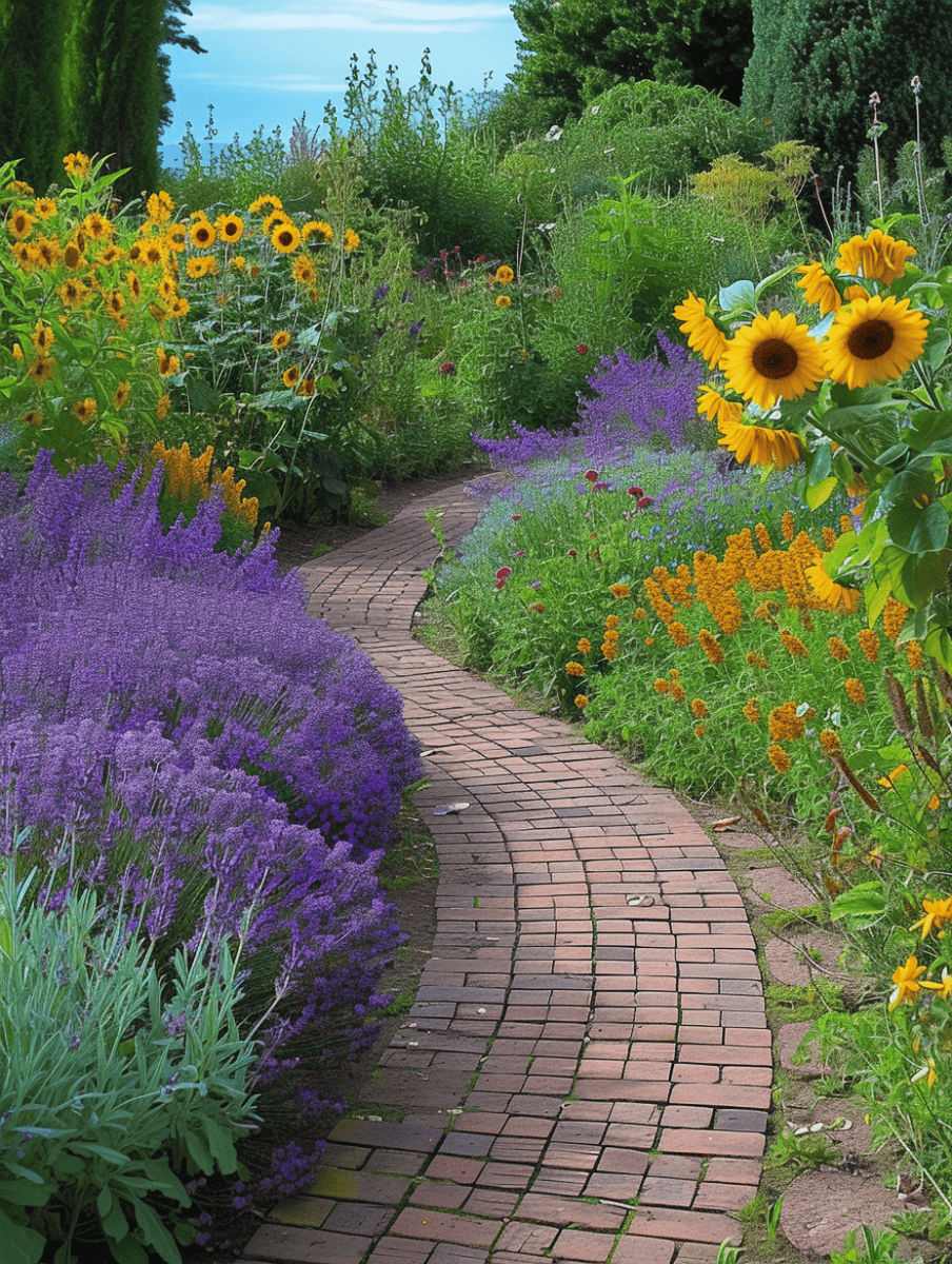 Curving brick garden path edged with a sea of lavender and cheerful sunflowers, leading through a vibrant, multi-hued flower bed. --ar 3:4