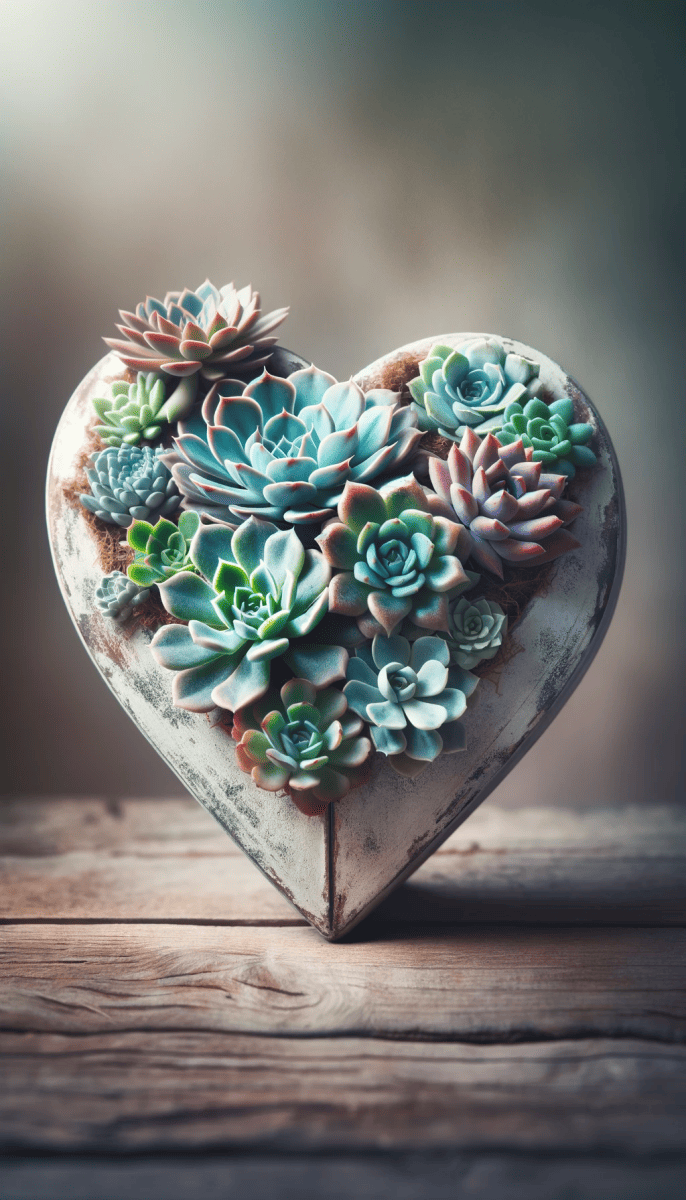 echeveria arrangement in heart shaped container