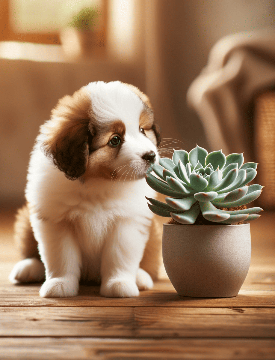 puppy sniffing an echeveria