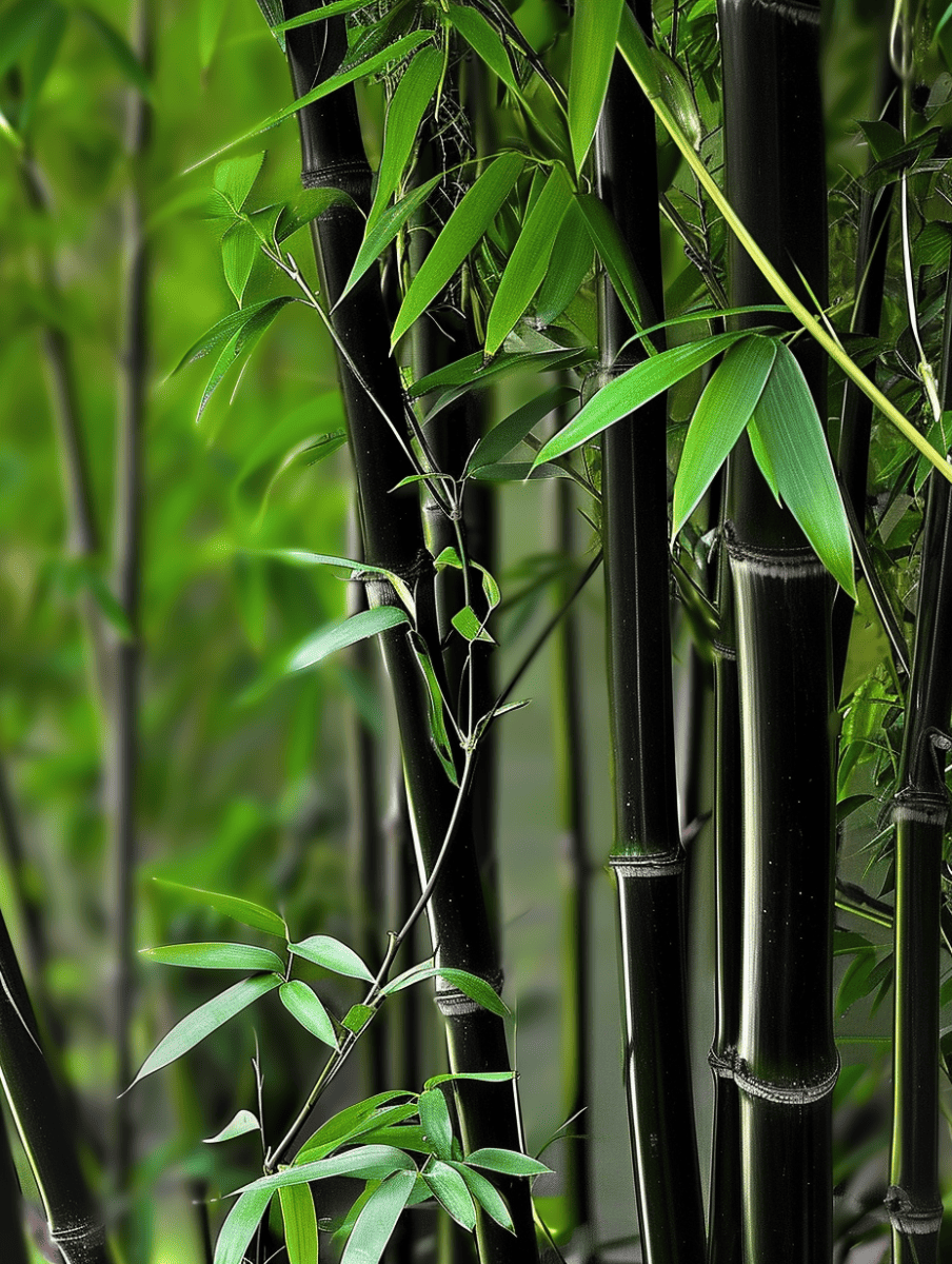 Dark, almost black bamboo stalks create a striking contrast with the fresh green leaves, presenting a unique and elegant example of natural beauty ar 3:4
