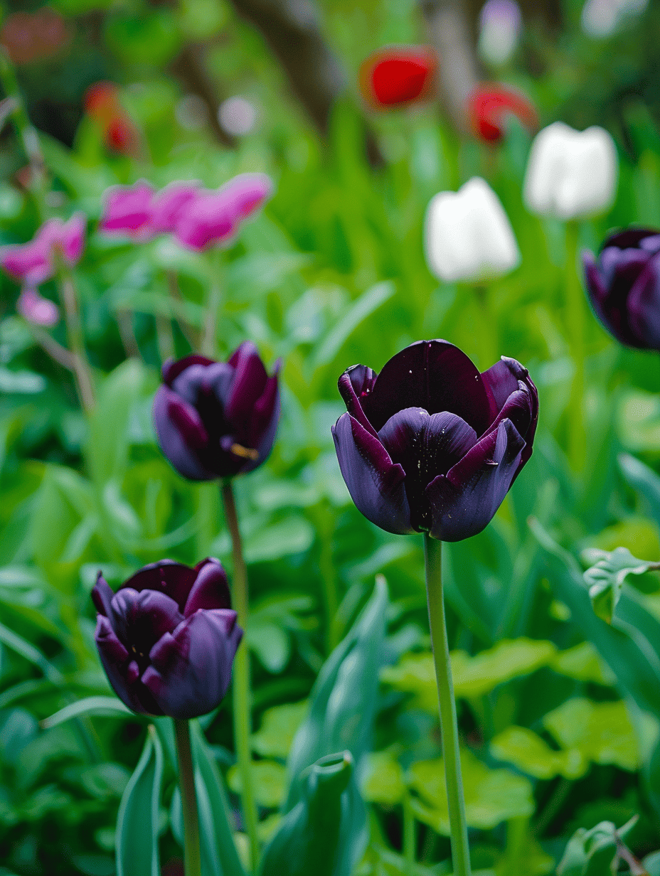 Dark purple, almost black tulips rise prominently in a garden with a soft-focus background of green foliage and variously colored tulips ar 3:4
