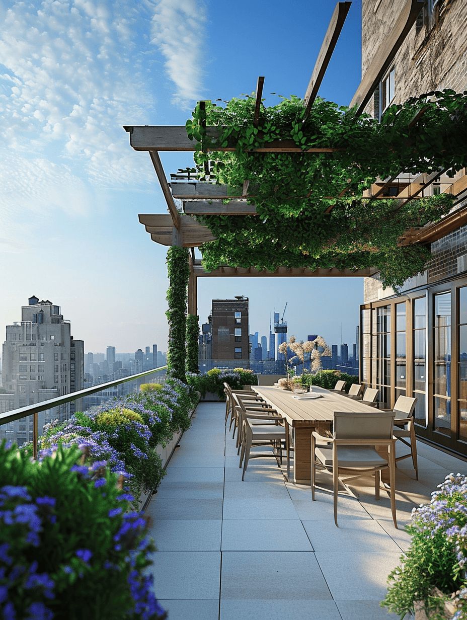 The image depicts a rooftop terrace with a dining set and pergola, surrounded by greenery and overlooking an urban skyline