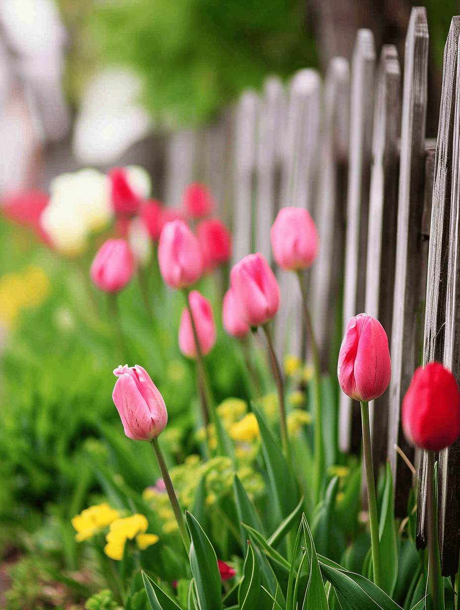 Delicate pink and red tulips with Springtime buds emerge along a weathered wooden fence, heralding the start of the season with fresh color and life ar 3:4