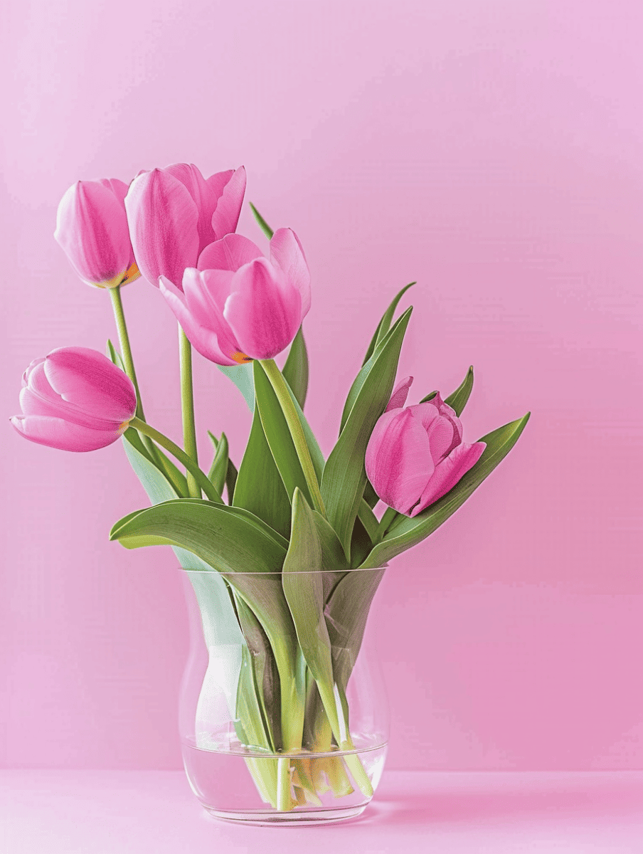 Delicate pink tulips with green leaves bloom from a clear glass vase, set against a matching pink background ar 3:4