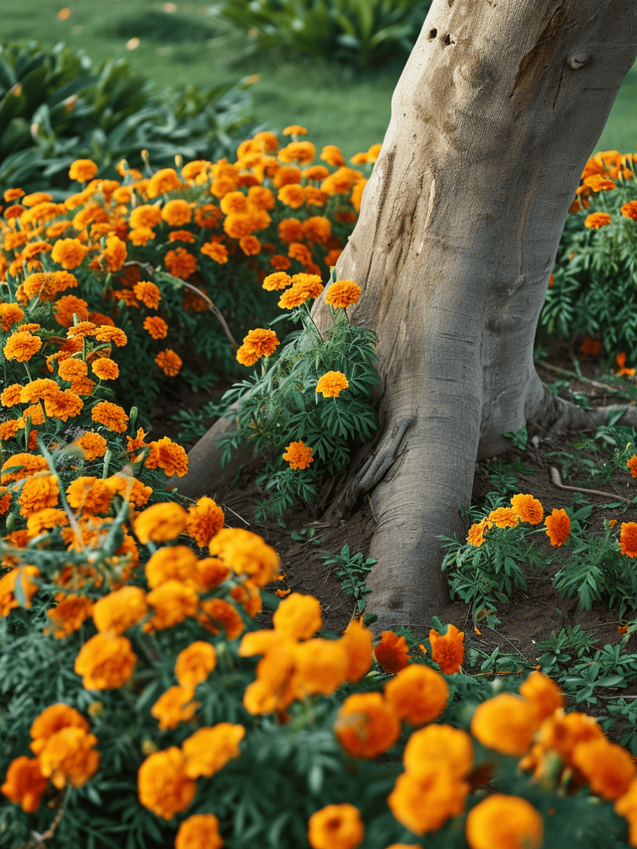 Dense marigolds with vivid orange blooms encircle the base of a tree, forming a circular bed that adds a splash of color to the tranquil green garden ar 3:4