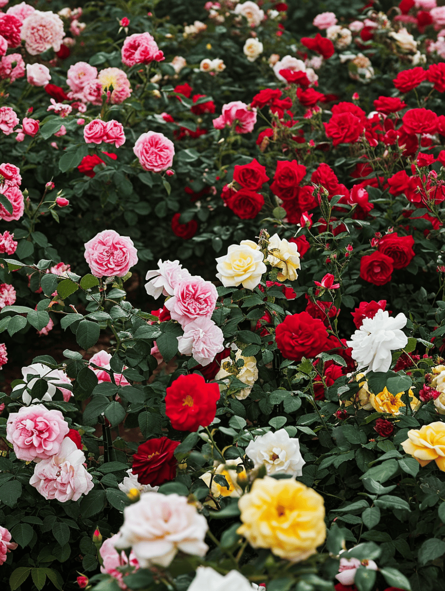 Dense shrub rose bushes present a rich tapestry of roses in hues of red, pink, yellow, and white, creating a vibrant and textured floral display ar 3:4