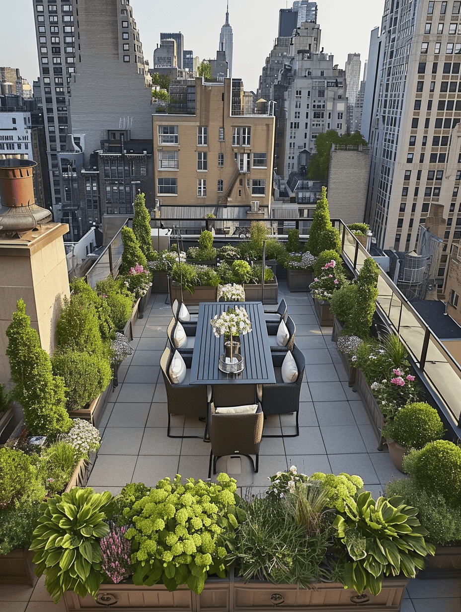 A rooftop garden with dozens of plants around it planted in box planters. A center table with chairs at the center of the rooftop with orchids as the centerpiece