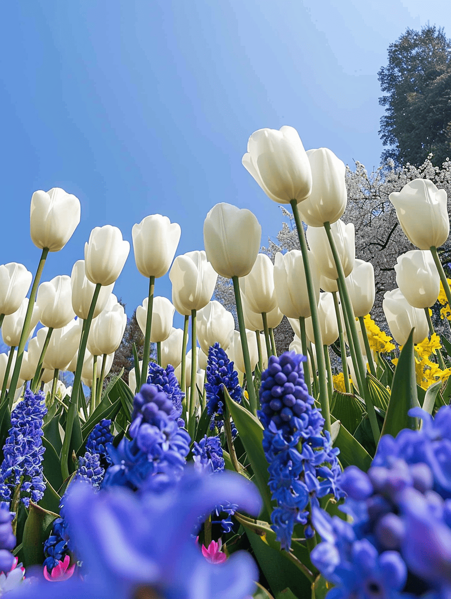 Elegant white tulips tower over a bed of vibrant blue grape hyacinths and pink-tinged companion plants, set against a clear blue sky ar 3:4