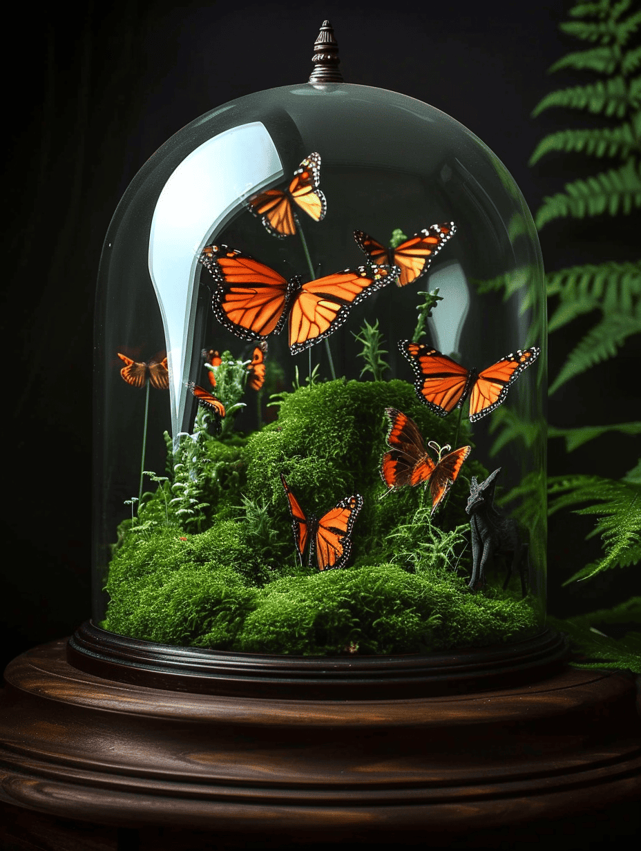 Encased under a glass dome on a wooden base, this terrarium features lush moss and ferns with vibrant orange monarch butterflies perched delicately throughout, suggesting a scene of natural tranquility ar 3:4