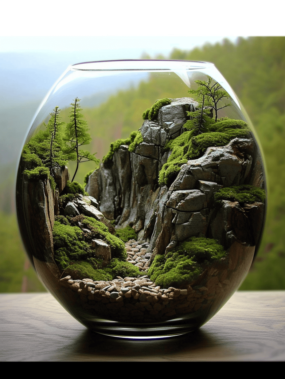 Enclosed in a large, round glass vase, a meticulously crafted terrarium depicts a rocky mountain scene with moss, miniature trees, and a pebbled path, set against a blurred natural background ar 3:4