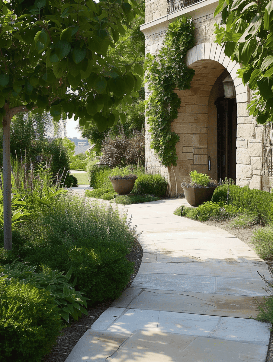 Estate entry path with smooth flagstones and lush shrubbery leading to a stone archway entrance. --ar 3:4