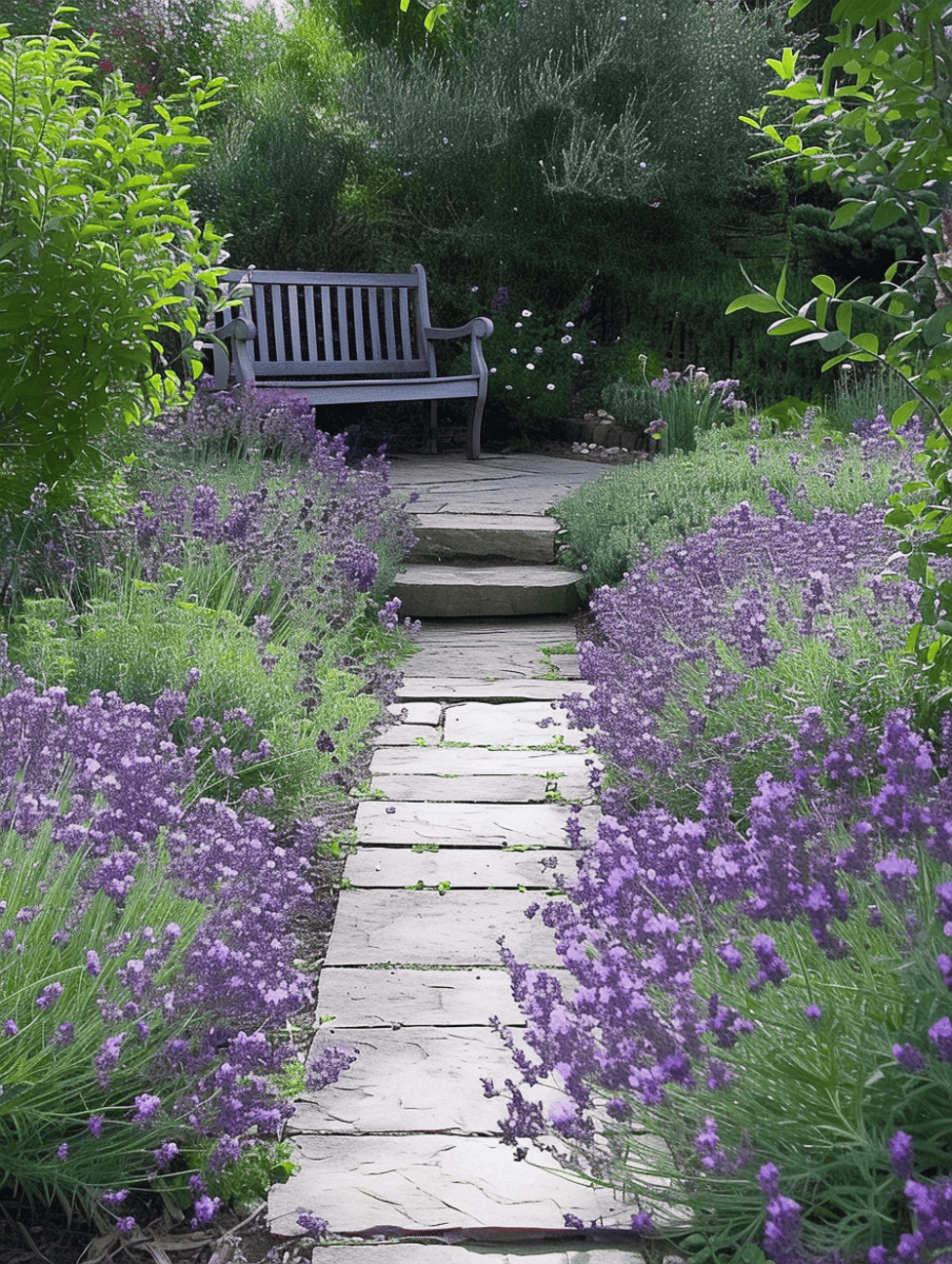 Flagstone pathway flanked by fragrant lavender bushes, leading to a secluded garden bench. --ar 3:4