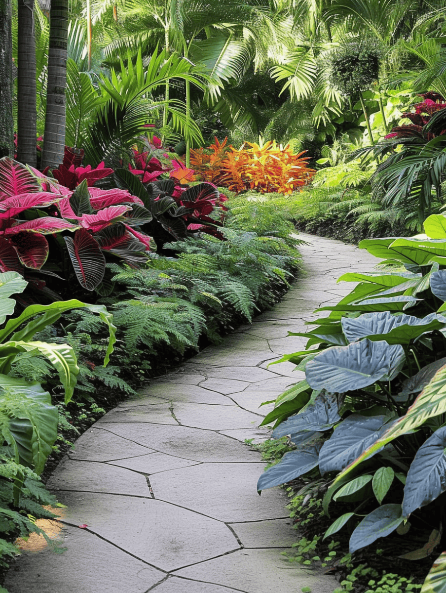 Flagstone path meandering through an explosion of colorful caladiums and verdant ferns, with a gentle curve inviting further discovery. --ar 3:4