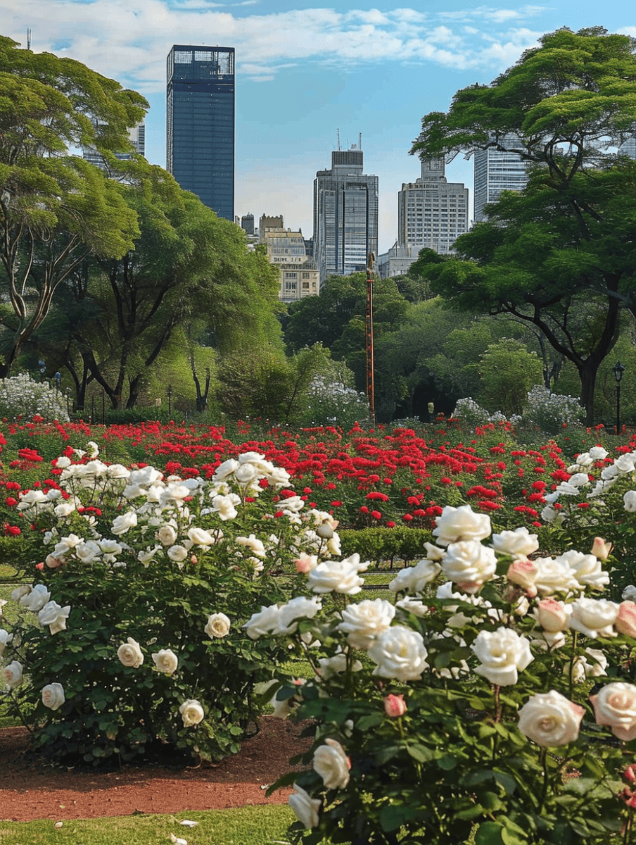 Foregrounded by lush white rose bushes, this urban rose garden contrasts vividly with the backdrop of towering city skyscrapers and green treetops under a blue sky ar 3:4