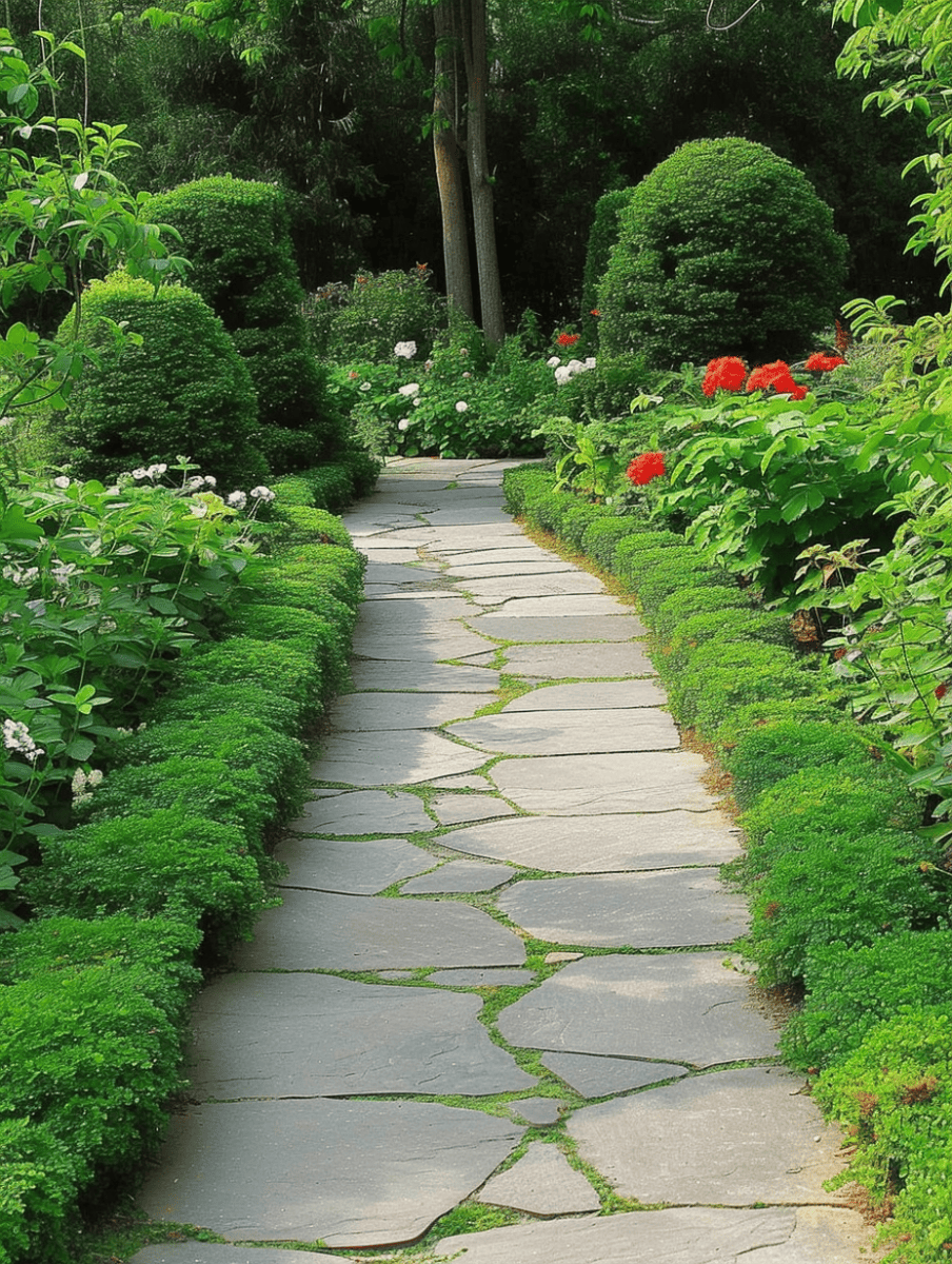Formal Garden Path with patterned flagstone and flanked by neatly trimmed boxwood borders. --ar 3:4