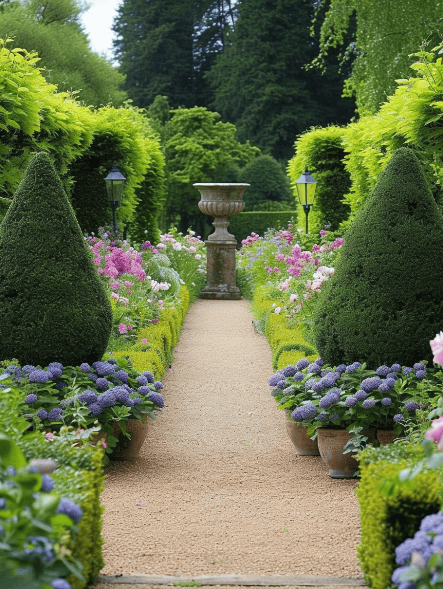 Formal garden path with pea gravel leading between topiary hedges and pastel flower borders to a classic urn centerpiece. --ar 3:4