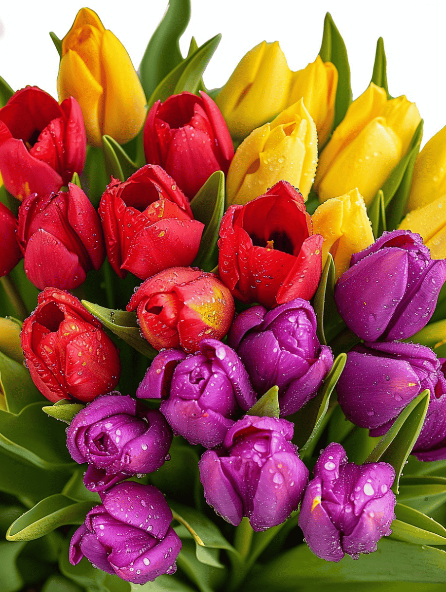 Fresh red, yellow, and purple tulips with water droplets on their petals create a colorful display ar 3:4