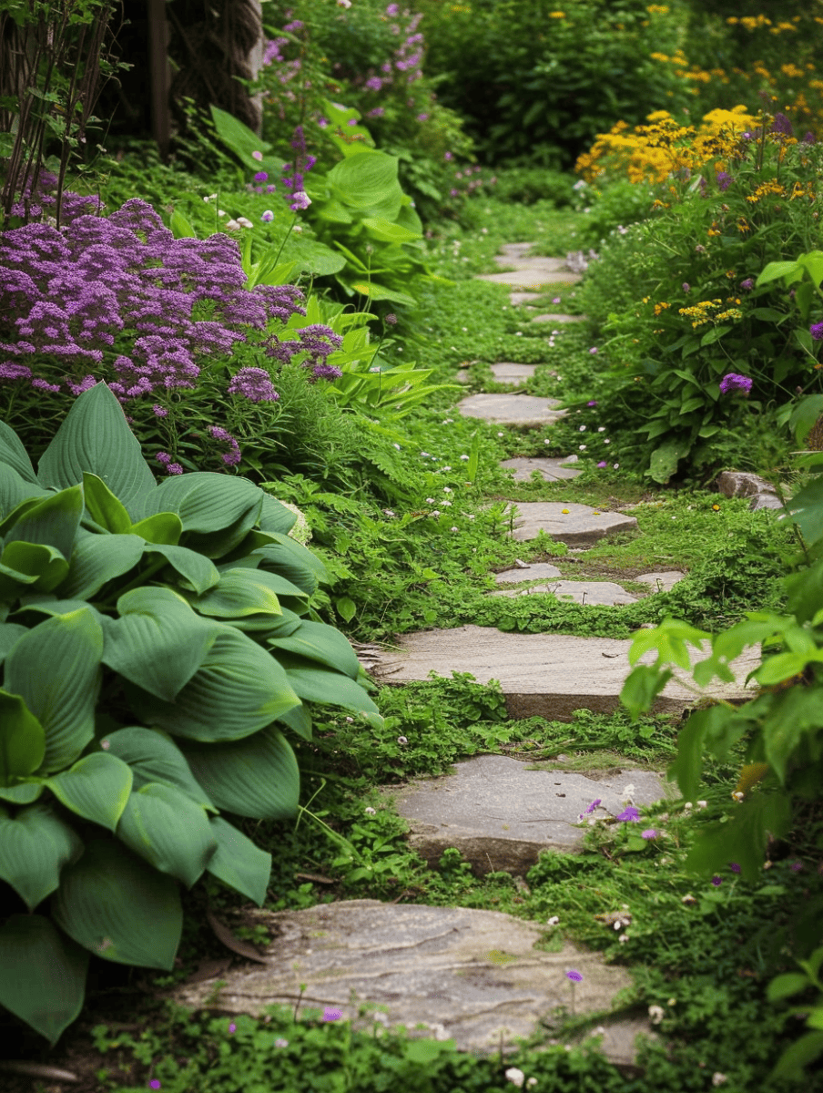 Garden Path with creeping thyme between stepping stones and lush hostas bordering. --ar 3:4