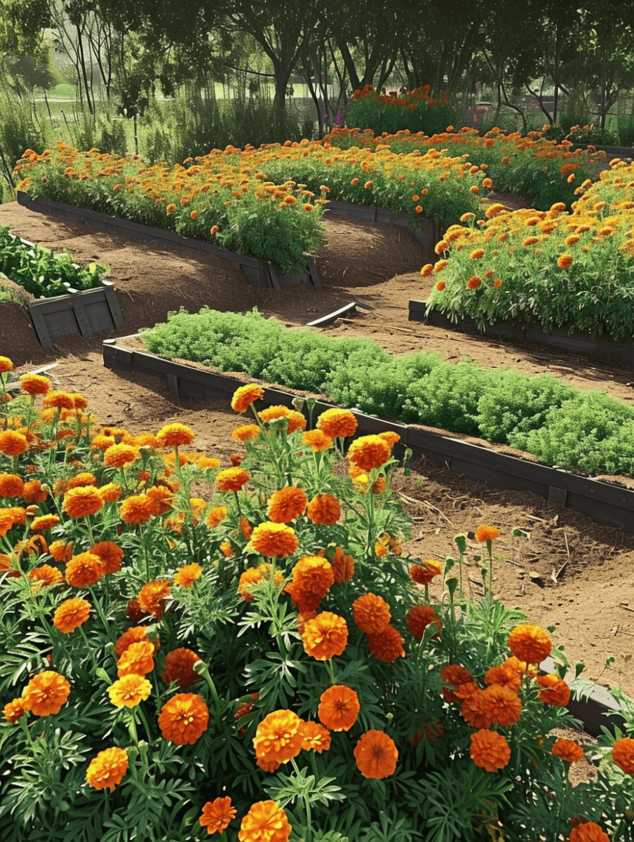 Golden marigolds thrive in raised garden beds, their bright orange hues standing out amidst the verdant foliage in a well-tended community garden ar 3:4