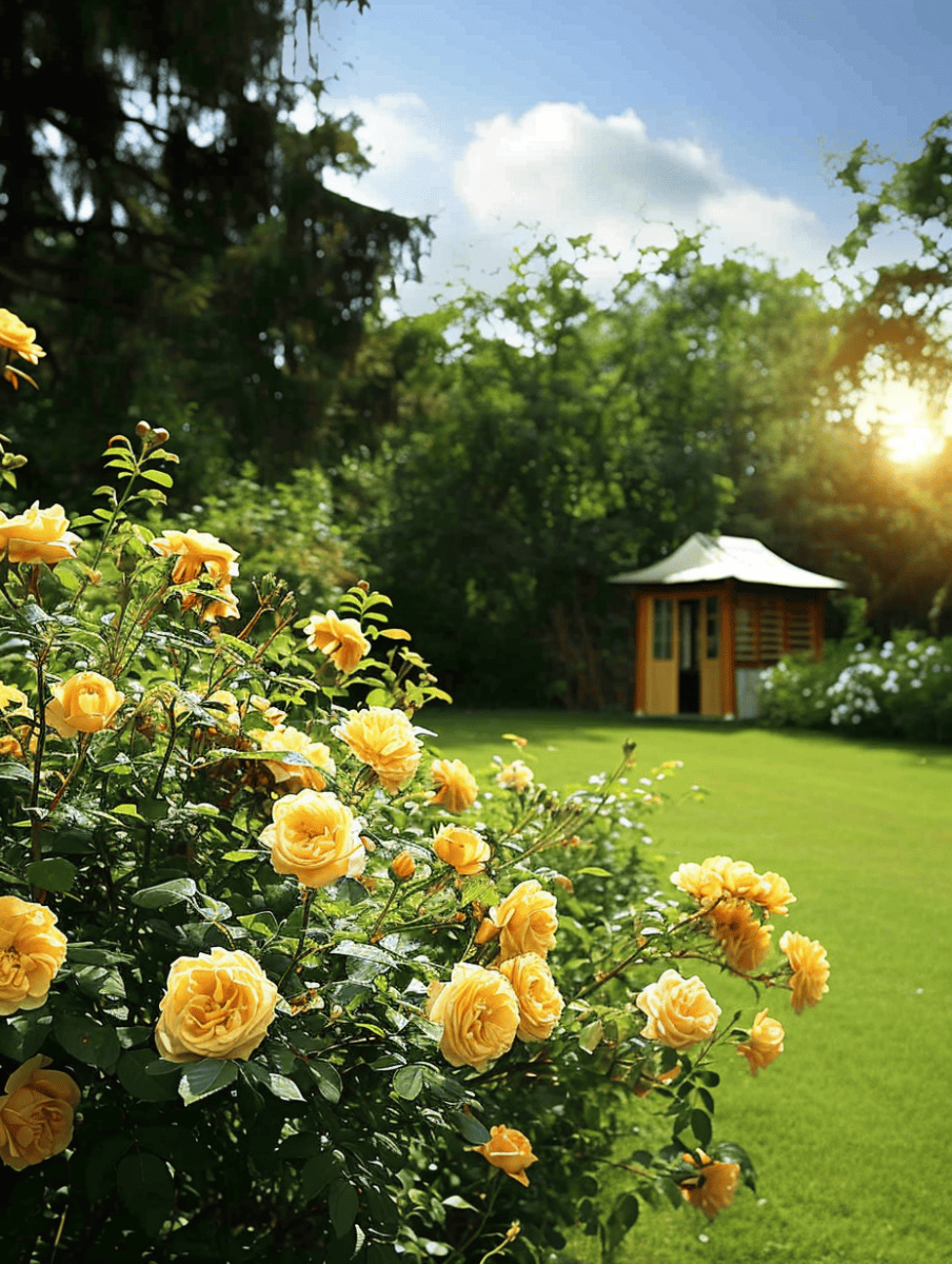 Golden yellow roses bloom along the border of a lush garden with a quaint garden shed in the background, basking in the gentle sunlight filtering through trees ar 3:4