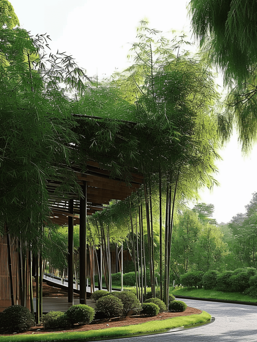 Graceful bamboo clusters rise alongside a curving driveway, their foliage gently swaying above neatly trimmed hedge rows, complementing the natural yet manicured landscape of this verdant setting ar 3:4