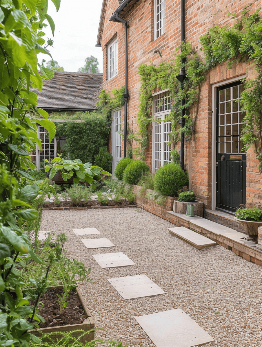 Gravel grounds with pavers, leading to a vintage brick house with greenery. --ar 3:4