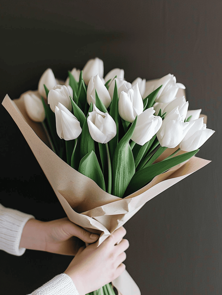 Hands gently hold a paper-wrapped bouquet of pristine white tulips against a dark background ar 3:4