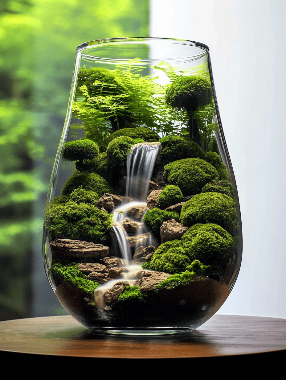 In a clear, vase-shaped terrarium, an intricate arrangement of mossy hills, ferns, and cascading water creates a dynamic and lush miniature landscape, all set against a blurred backdrop of green foliage ar 3:4