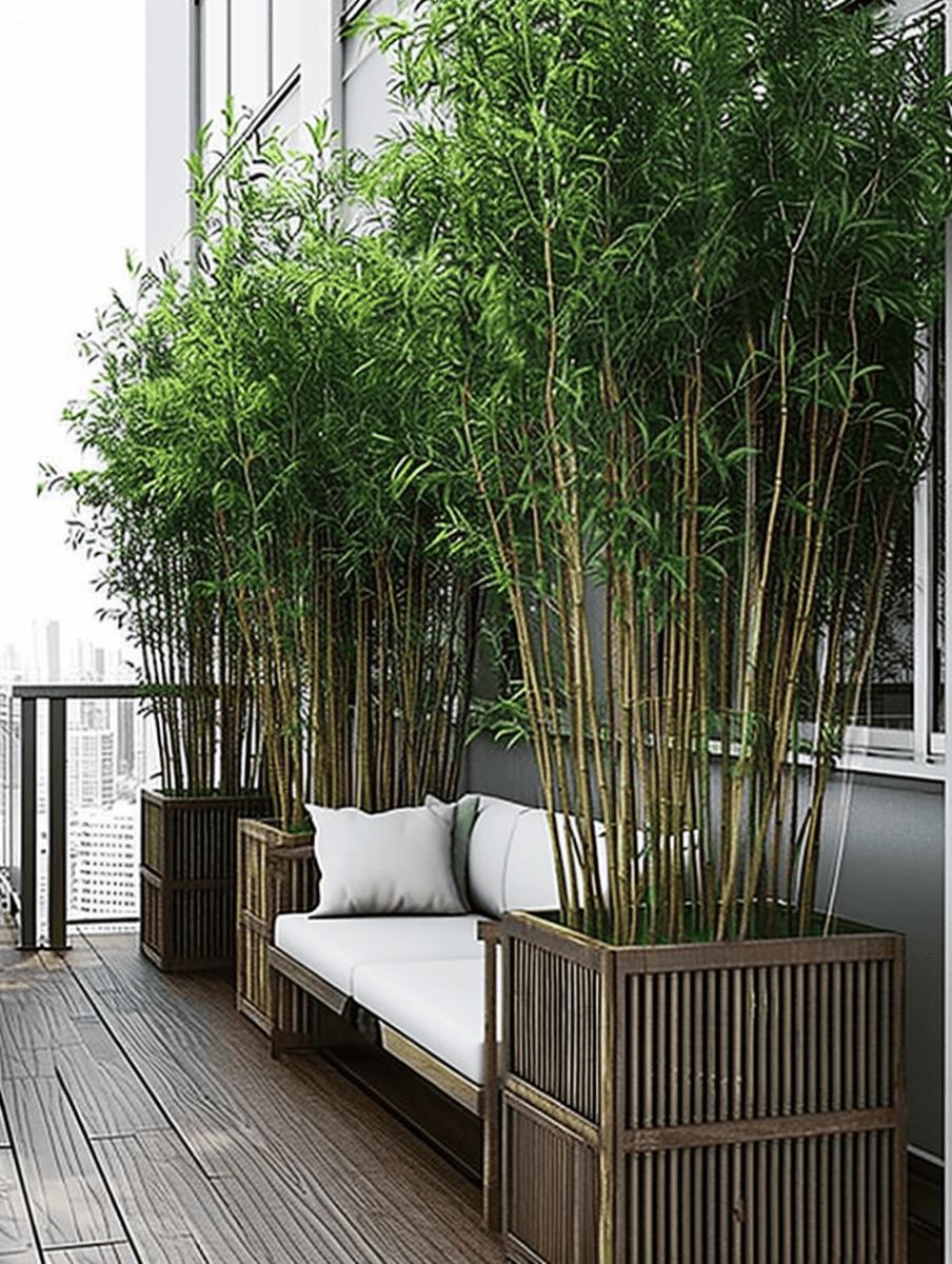 In this limited space, bamboo is smartly used as a natural screen, its tall stalks contained within wooden planters, offering lush greenery and privacy on an urban balcony ar 3:4